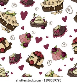 Hand drawing seamless pattern with sketches of desserts, sweets, baking on white background, Endless texture, vector illustration