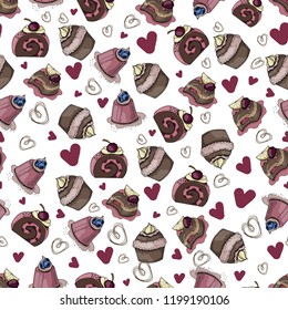 Hand drawing seamless pattern with sketches of desserts, sweets, baking on white background, Endless texture, vector illustration