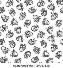 Handzeichnung nahtloses Muster mit Erdbeeren in einfarbiger Skizze, graviert einzeln auf weißem Hintergrund. Design für die Marke Textil oder Markt-Cover, Stoff. Botanische Vektorgrafik.