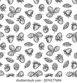 Hand drawing seamless pattern with strawberry in monochrome sketch engraved style isolated on white background. Design for branding textile or market cover, cloth. Botanical vector illustration.
