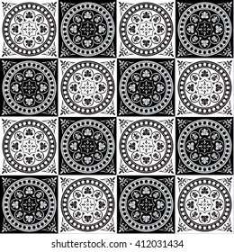 Hand drawing seamless  pattern for tile in black and white colors. Italian majolica style. Vector illustration. The best for your design, textiles, posters
