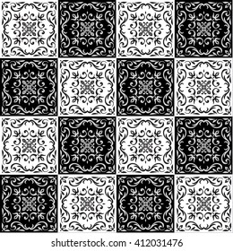 Hand drawing seamless  pattern for tile in black and white colors. Italian majolica style. Vector illustration. The best for your design, textiles, posters