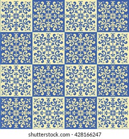 Hand drawing seamless pattern for tile in blue and yellow colors. Italian majolica style. Vector illustration. The best for your design, textiles, posters