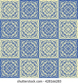 Hand drawing seamless pattern for tile in blue and yellow colors. Italian majolica style. Vector illustration. The best for your design, textiles, posters