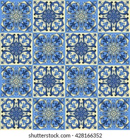 Hand drawing seamless pattern for tile in blue and yellow colors. Italian majolica style. Vector illustration. The best for your design, textiles, posters