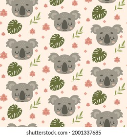 Hand drawing seamless pattern with tropical animals. Koala faces and eucalyptus print design. Vector illustration design for fashion fabrics, textile graphics, prints.