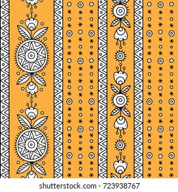 Hand drawing seamless vector ethnic pattern of flowers and strip. Abstract autumn pattern 