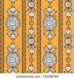 Hand drawing seamless vector ethnic pattern of flowers and strip. Abstract autumn pattern 