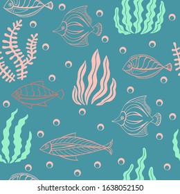 Hand drawing seamless vector drawing of seaweed. Pattern with fish and seaweed on a blue background for printing fabric, textile.