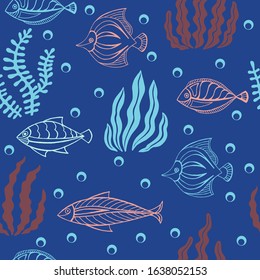 Hand drawing seamless vector drawing of seaweed. Pattern with fish and seaweed on a blue background for printing fabric, textile.