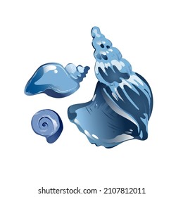 Hand drawing set of abstract blue colors seashells. Shell freehand illustration. Use for poster, card, print, postcard, textile, fabric, design