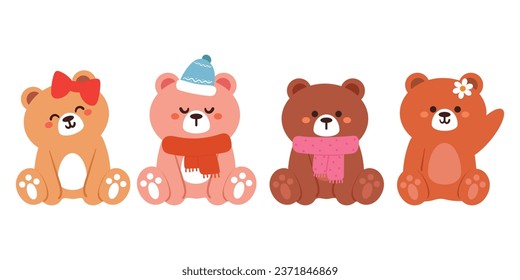 hand drawing set of bear sticker set. cute animal sticker for kids, icon