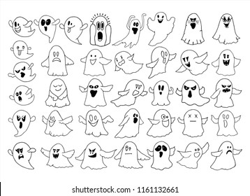 Hand drawing set of black and white funny and scary Halloween ghosts, emoji, faces, vector illustration