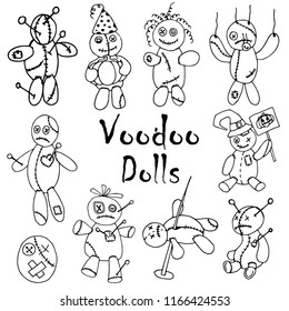 Hand drawing set of black and white scary Halloween voodoo dolls for black magic, vector illustration