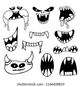 Dibujo manual de mandíbulas de Halloween blancas y negras, caninas, dientes, terribles morros, monstruos, ilustración vectorial