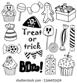 Hand drawing set of black and white funny and scary Halloween decorations, sweets and candies, funny monsters, vector illustration