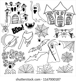 Hand drawing set of black and white funny and scary Halloween monsters, demons, pumpkins, ghosts, magic items, cobwebs and other horrors, vector illustration