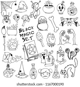 Hand drawing set of black and white funny and scary Halloween monsters, demons, pumpkins, ghosts, magic items, cobwebs and other horrors, vector illustration