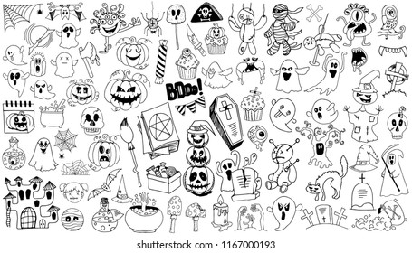 Hand drawing set of black and white funny and scary Halloween monsters, demons, pumpkins, ghosts, magic items, cobwebs and other horrors, vector illustration