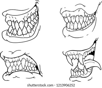 Hand drawing set of black and white scary Halloween jaws, canines, teeth, terrible snouts, monsters, vector illustration