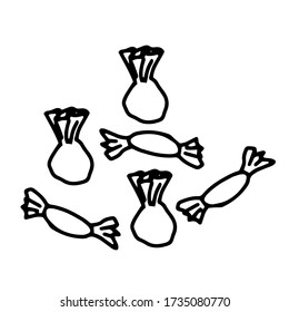 Dibujo manual Conjunto de caramelos. Logo simple, imagen mínima de Sweets. Para tarjetas de felicitación, libro de colorear infantil y diseño estacional. Ilustración vectorial Doodle de material aislado en fondo blanco.