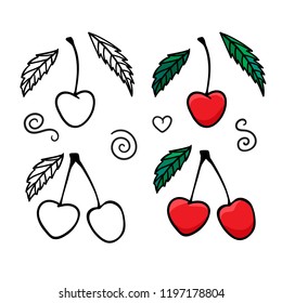 Hand drawing set Cherry berry Fashion sketch isolated on white background. Vector illustration print design