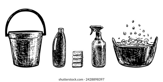 Dibujo a mano de los productos de limpieza del sistema, esponja, lavabo; cubo, boceto del vector aislado en blanco
