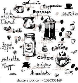 Hand drawing set with coffee elements, coffee types lettering, cups, cezve, package, beans and frame. Ink vector illustration, isolated on white with silhouette.