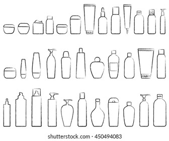 hand drawing set of cosmetic bottle silhouette on white background