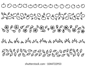 Hand drawing set of doodle borders. Apples, flowers of apple tree, leaves, grass. Pen tool, vector file. EPS 10.