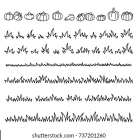 Hand drawing set of doodle borders.Pumpkins and grass. Pen tool, EPS 10.