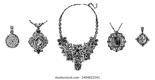 Hand drawing of set female jewelry pendants and necklace from precious metals and stones