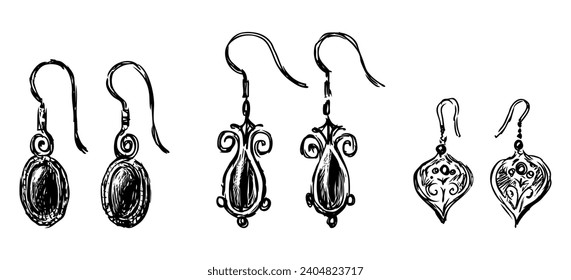 Hand drawing of set female jewelry vintage earrings from precious metals and stones