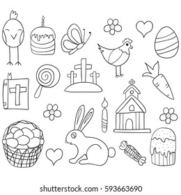 Hand drawing. Set. Icons. Happy easter. For your design.