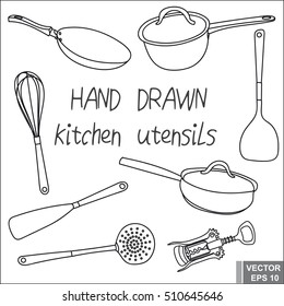 Hand drawing. Set kitchen utensils. To prepare the food. For your design...