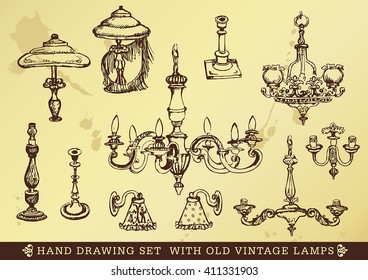 hand drawing set with old vintage lamps
