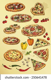 hand drawing set of pizza
