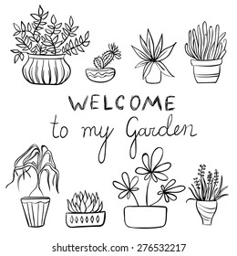 Hand drawing set of pot plants with flowers and leaves, gardening illustration with text