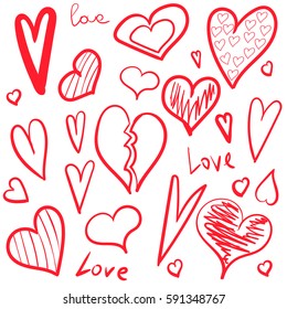 Hand drawing. Set. Red heart. Scribble. For your design.