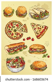 hand drawing  set of sandwiches,pizza and salad