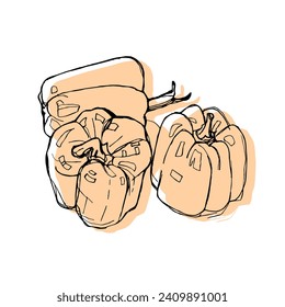 Dibujo manual de pimientos dulces. Dibujo en blanco. Ilustración vectorial. Dibujo de línea de paprika.
Elemento de diseño para menú, tarjeta y afiche.
