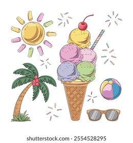 hand drawing set of Tropical Ice Cream Summer vibes vectors Design with Palm Trees and Beach Ball illustrations on white background 