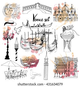  Hand drawing set of Venice. Sketch and watercolor illustration