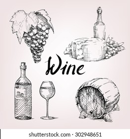 hand drawing set of wine and grape. barrel and cheese with glass
