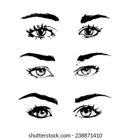 Hand drawing set woman black eyes,vector