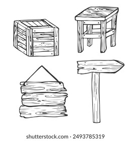 Conjunto de dibujo a mano de cajas de madera y cajón. Ilustración vectorial de tablero de madera y silla sobre fondo blanco. Objetos Timber