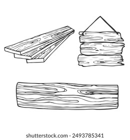 Hand drawing set of wooden boxes and crate. Vector illustration of wooden board and chair on white background. Timber objects