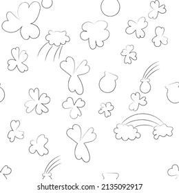 hand drawing of shamrock line art illustration luck of irish symboll st patrick's day seamless pattern lucky leaf flower pot of gold and cloud with rainbow