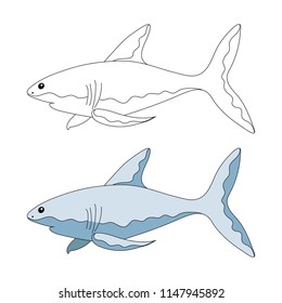 Hand drawing of a shark. Coloring book. Cartoon style. Vector illustration. Shark is colorful and outline.