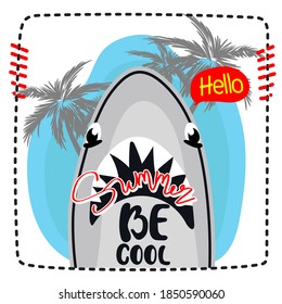 Hand drawing shark And palm Funny cartoon  illustration vector and print design for summer  for t-shirt prints, posters and other uses isolated on white background.